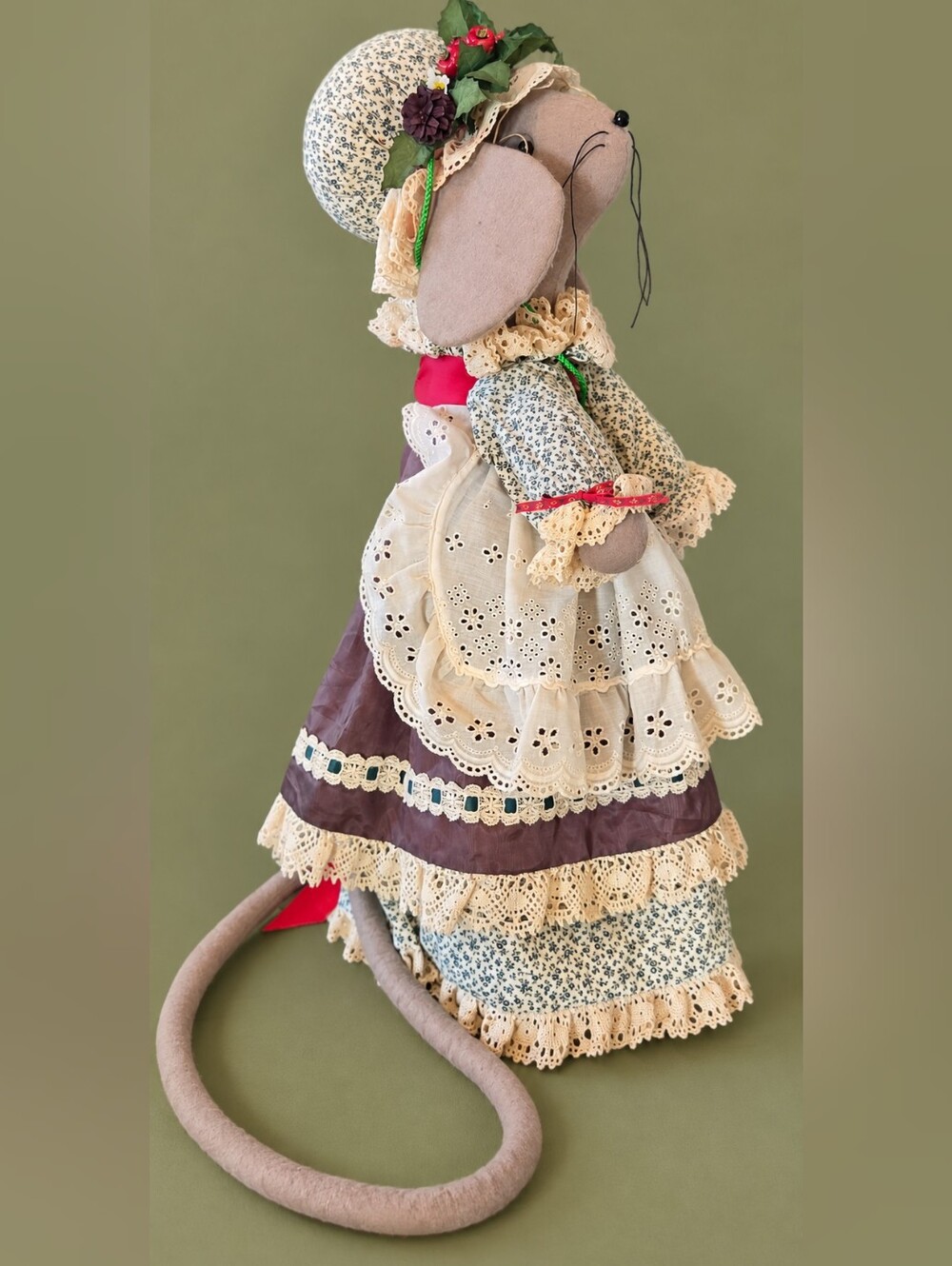 Vintage Handmade 25" Mouse Doll Folk Art Victorian Christmas 41" Tail Standing